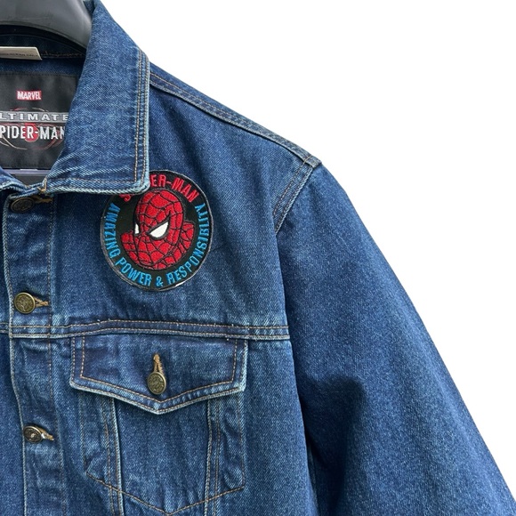 Vintage SPIDER-MAN Denim Jacket 2002 MARVEL w/ EMBROIDERED & LEATHER PATCH - LRG - Picture 3 of 16
